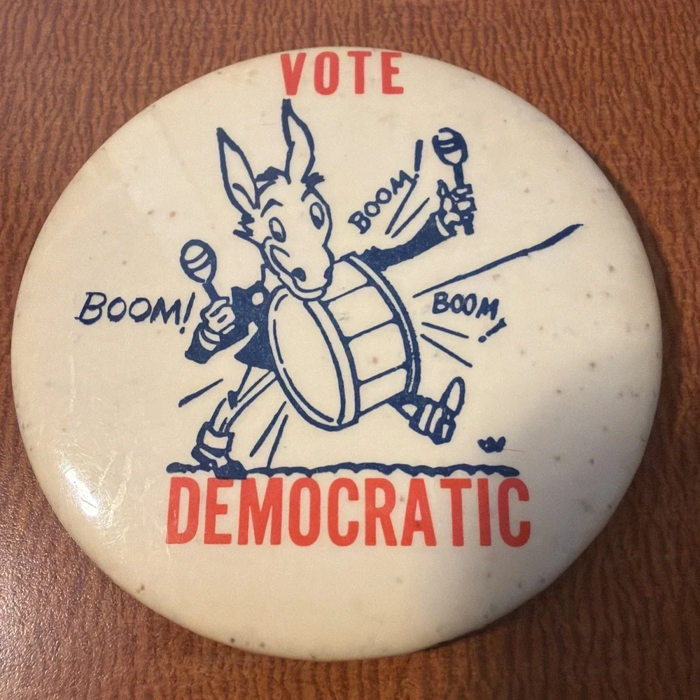 Vintage VOTE DEMOCRATIC Donkey Drummer Large Political Pinback Button Democrat